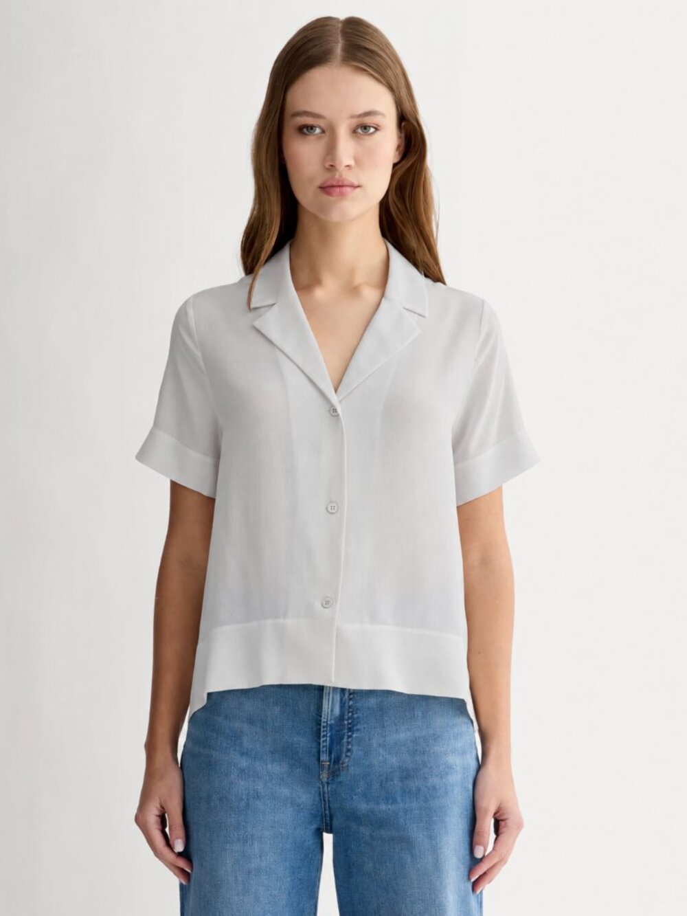 Everlane Silk Short-Sleeve Notch Shirt - Grey White - Size 4